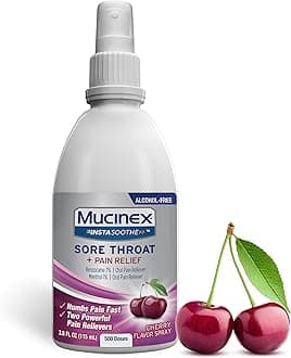 Mucinex Instasoothe Sore Throat Spray for Oral Pain Relief, Throat Numbing Spray with Benzocaine & Menthol Starts to Work on Contact, Cherry Flavor, 3.8 Fl Oz