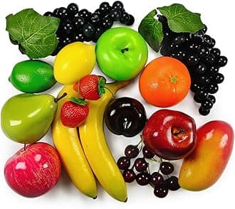 Lorigun Artificial Fruits Pack, Fake Fruits for Home Decor, Simulation Fruit Set, Party Chirstmas Decortion, Fruit Modle for Photoshoot, Fake Strawberry, Mango, Bananas. Total 20 Pieces/Set