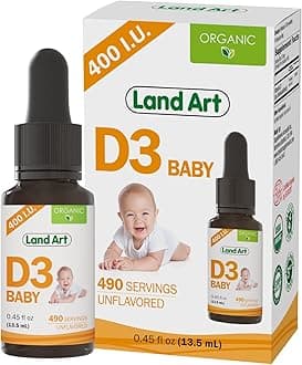Land Art Certified Organic Vitamin D3 Drops - for Baby - 400 IU per drop - 490 servings - Development maintenance of bones teeth - GMO free - Gluten free – 0.45 fl oz (13.5 ml)