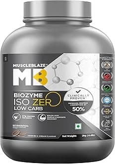 MuscleBlaze Biozyme Iso-Zero, Low Carb Whey Protein Isolate Powder | 27g Isolate Whey Per Scoop (Cookies & Cream, 2kg / 4.4lbs) | USA Patent-Published Enhanced Absorption Formula (EAF)