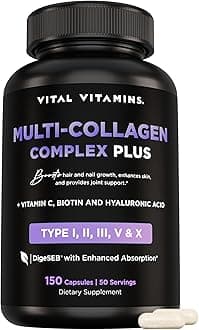 Vital Vitamins Multi Collagen Complex Plus - with Biotin, Hyaluronic Acid, Vitamin C - Type I, II, III, V, X - for Women & Men - Hair, Skin, Nails Beauty Complex - 150 Capsules