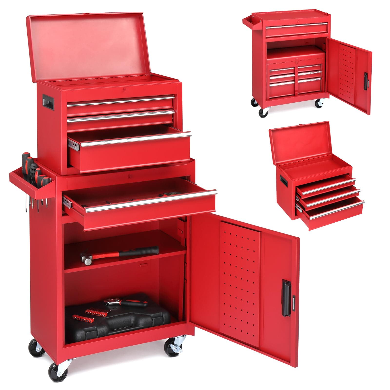 4-Drawer Rolling Tool Chest with Wheels & Lock, Tool Box with Large Storage Cabinet and Adjustable Shelf, Removable Portable Top Box for Garage, Warehouse, Factory (Red)