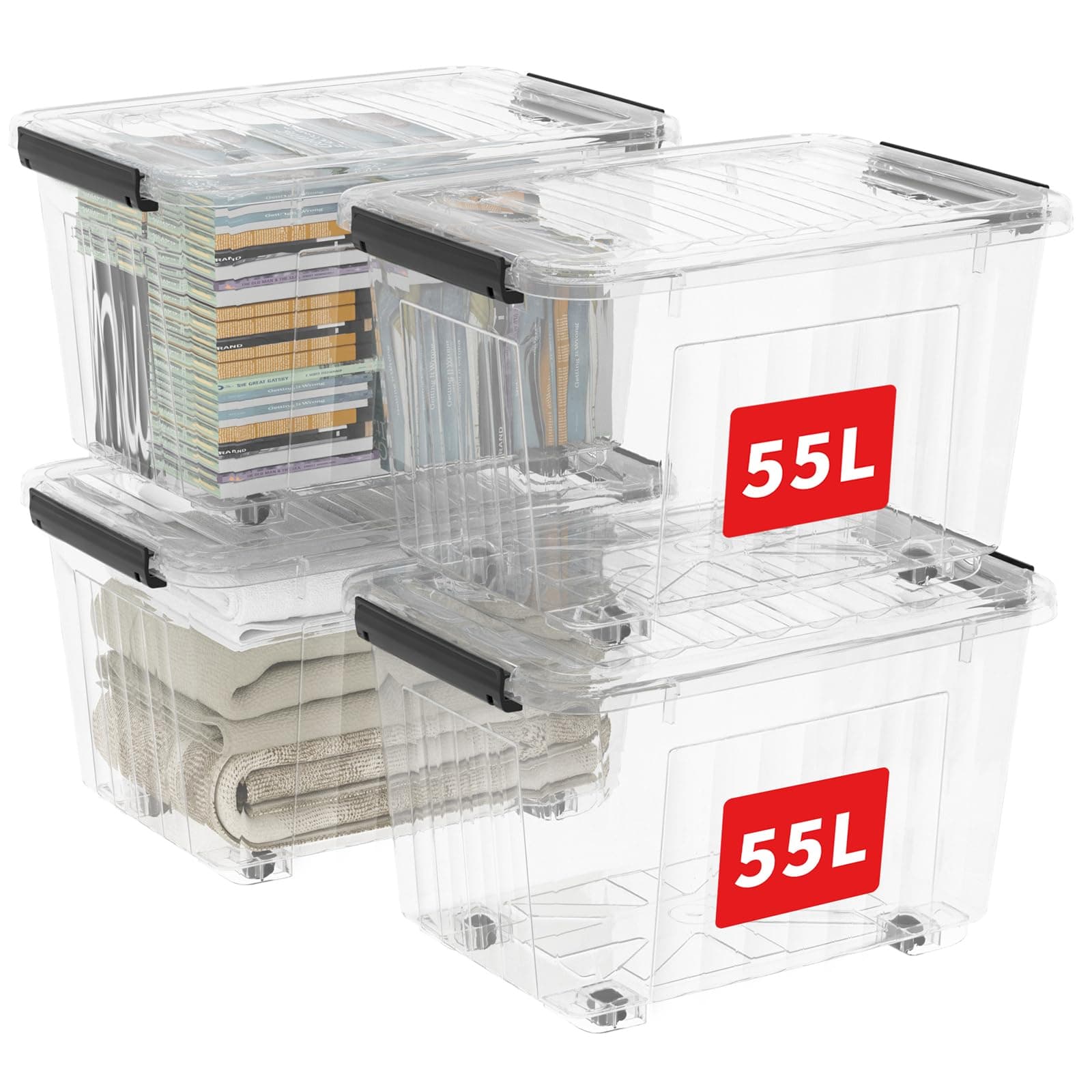 Cetomo 55L*4 Plastic Storage Boxes with Wheels, Lidded Storage Box with Secure Side Latches, PP Nestable and Stackable Clear Organizer for Home, Office, Moving, Transparent, 55L-4 Pack