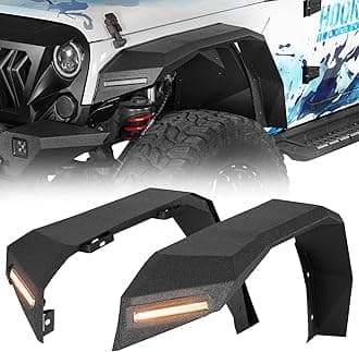 Hooke Road JK 8.7" Wide Flat Front Fender Flares for 2007-2018 Jeep Wrangler JK & JKU Unlimited 2 or 4 Doors, Steel Fenders with Turn Signal Lights DRL - 2 PCS
