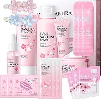 Sakura Skincare Kit ,19 PCS Japanese Cherry Blossom Facial Care Set with Cleanser, Toner, Serum, Cream, Sunscreen, Sleeping, Mud & Lip Masks, Hair Clips, Birthday & Christmas Gifts for Teenage Girl