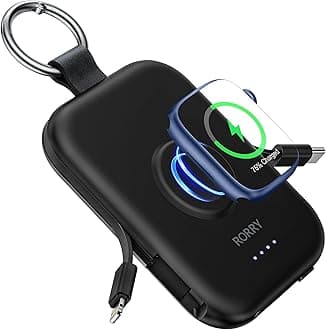 RORRY Portable Charger, 5000mAh Portable Charger Power Bank with Built-in Cables, Travel Keychain Battery Pack for Apple Watch Ultra 2/10/9/8/Ultra/7/6/SE/5, iPhone 16/15/14/13/12, Black