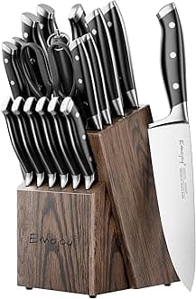Emojoy Knife Set, 18-Piece Kitchen Knife Set with Block Wooden, Manual Sharpening for Chef Knife Set, German Stainless Steel