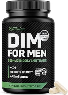 DIM Supplement for Men 300mg | Estrogen Blocker & Aromatase Inhibitor | Extra Strength Men’s Hormone Balance & Fitness Booster with Diindolylmethane Plus CDG & Broccoli Floret | Gluten-Free | 60 Ct