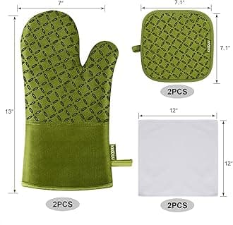 KEGOUU Ofenhandschuhe und Topflappen, 6-teiliges Set, Küchen-Ofenhandschuhe, 500 Grad, extra lange Ofenhandschuhe und Topflappen mit rutschfester Silikonoberfläche zum Kochen (Olivgrün)