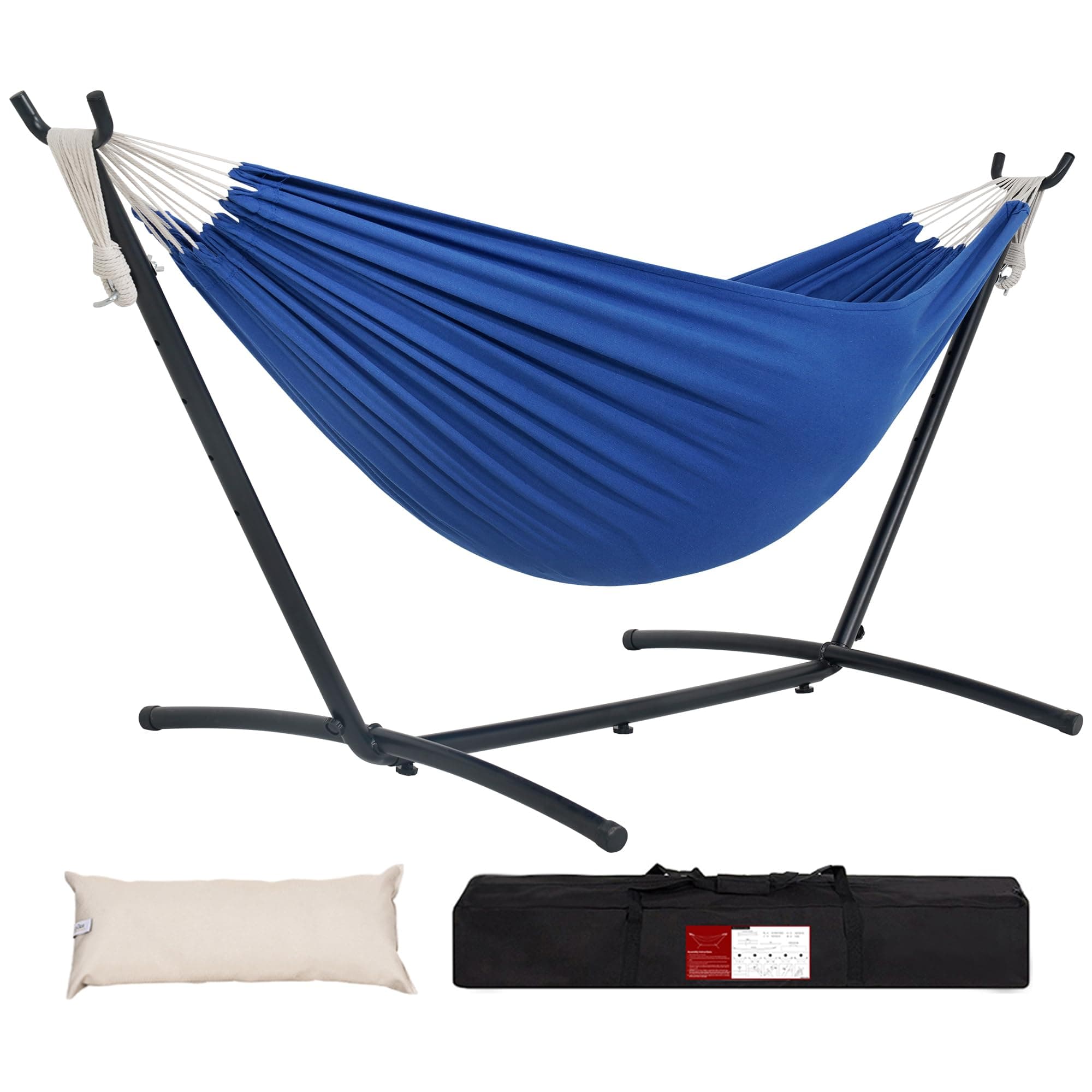 Double Hammock with 9ft Space-Saving Steel Stand Includes Portable Carrying Case, 450 Pounds Capacity (Dark Blue)