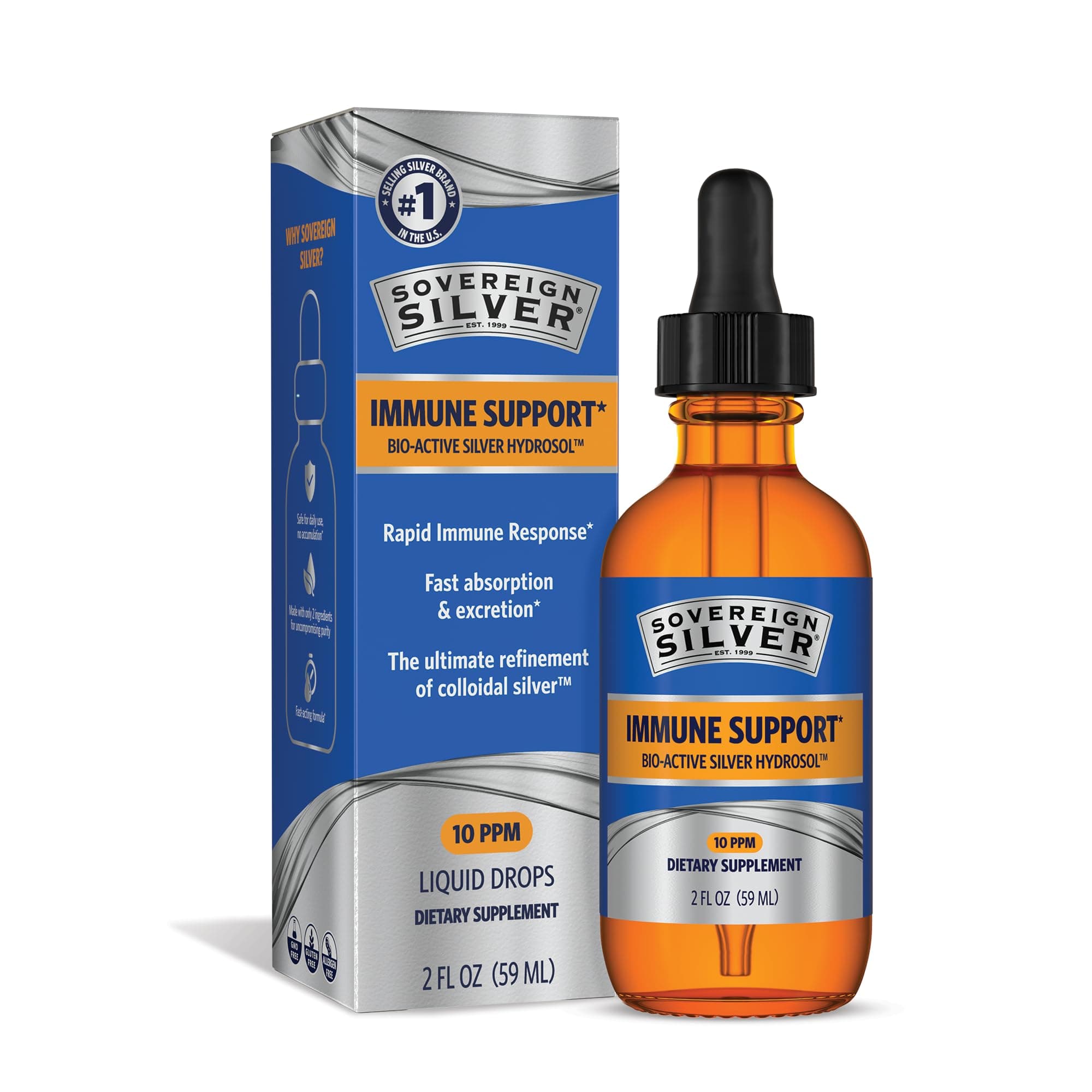 Sovereign Silver Immune Support - Colloidal Silver, Bio-Active Silver Hydrosol, 10 ppm, Liquid Dropper, 2 Fl Oz, (59 mL)