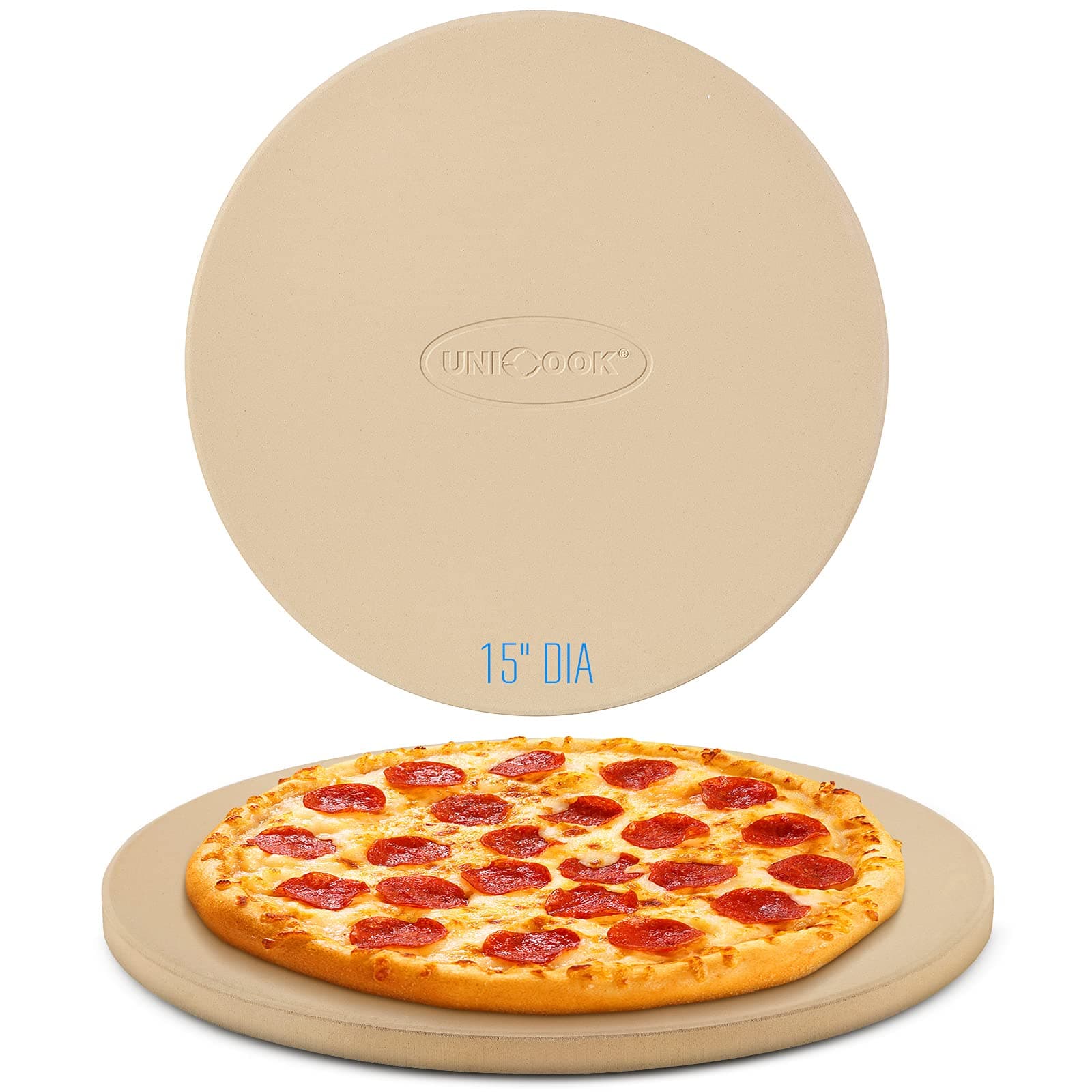 Pizza Stone for Grill Oven, 15 Inch Round Baking Stone, Heavy Duty Cordierite Bread Cooking Pan, Thermal Shock Resistant, Ideal for Making Crisp Crust Pizza, Bread and More, Includes Scraper