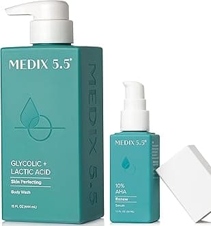 MEDIX Glycolic Acid Exfoliating Body Wash KP Bump Eraser Cleanser + 10% Glycolic Acid Serum 2PC Skin Care Set | AHA Exfoliant Body Wash + Serum Refine & Soften Dead Dry Skin, Bumps, & Wrinkles, 2PC
