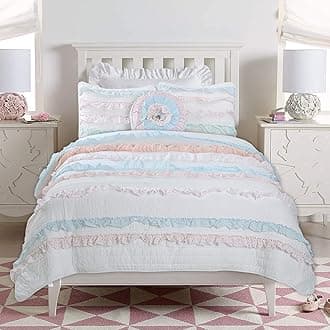Cozy Line Home Fashions 100% Cotton Chic Ruffle Light Lavender Orchid Blue Flower Print Stripe Bedding Quilt Set, Reversible Coverlet, Bedspread (Chic Ruffle, Queen + Décor Pillows)