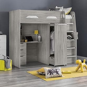 happybeds High Sleeper Storage Bed, Pegasus Wood Modern Desk Wardrobe Drawers Cupboards Loft Bunk (3FT - Orthopaedic Mattress, Grey Oak)