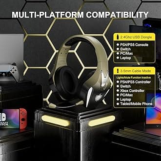 PHOINIKAS Wireless Gaming Headset for PS4 PS5 PC Switch, Wireless Gaming Over Ear Headphones with Detachable Noise Canceling Mic, 7.1 Stereo Sound, Only 3.5mm Wired Mode for XboxSeires -Dazzle Gold