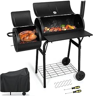 Joyfair Charcoal Grill with Offset Smoker, Large Steel BBQ Grill with Protective Cover for Outdoor Camping Grilling/Backyard Barbecue Smoking, Heavy Duty & Dual Chamber Design, Thermometer & Chimney