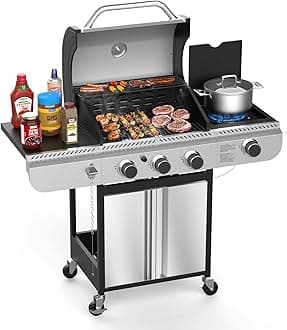 3-Burner Propane Gas Grill with Side Burner,Stainless Steel BBQ Grill with Porcelain-Enameled Cast Iron Grates,37000 BTU Barbecue Grill, Suitable for Patio,Camping,Outdoor Cooking