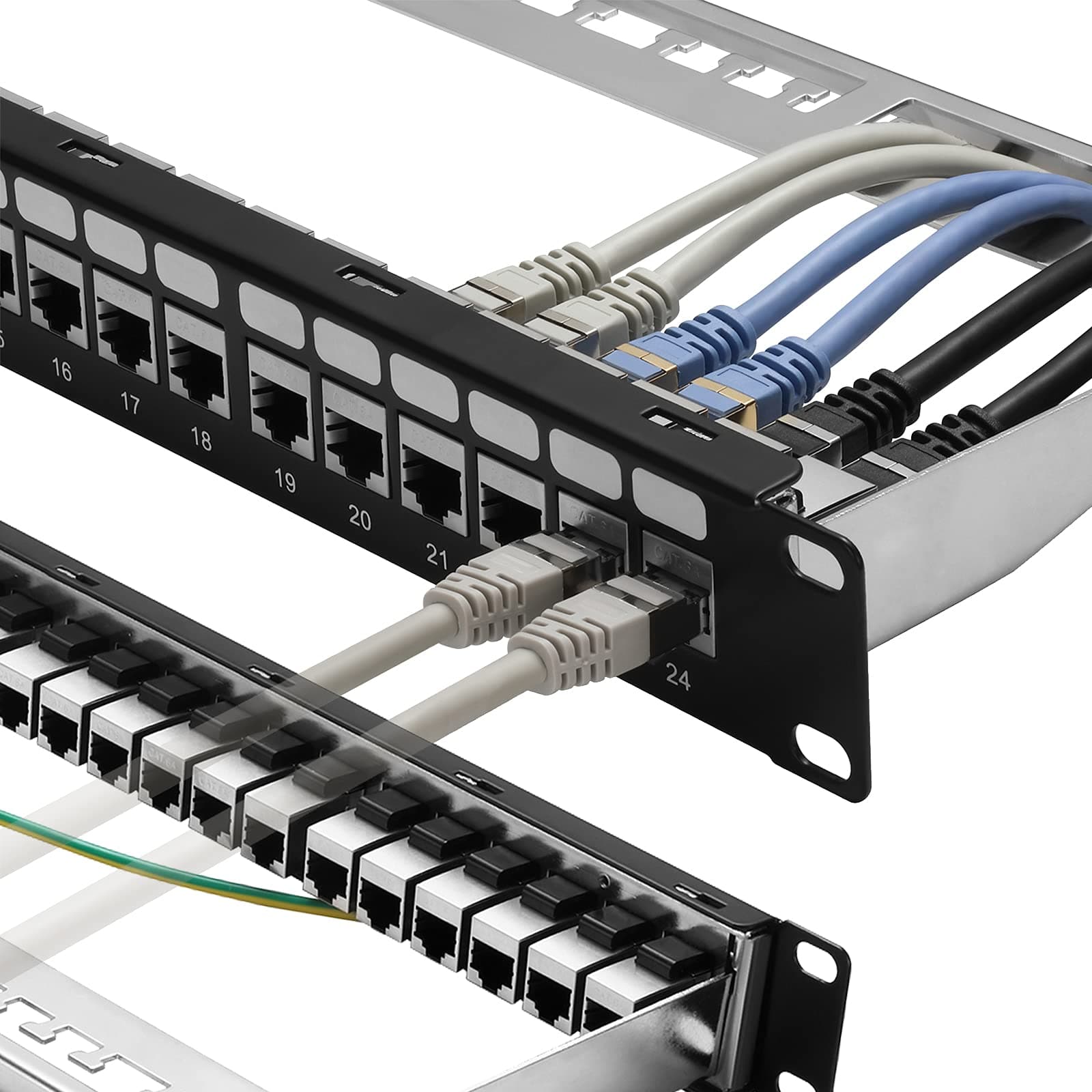 Patch Panel 24 Port Cat6A with Inline Keystone 10G Support, Coupler Patch Panel STP Shielded 19-Inch with Removable Back Bar, 1U Network Panel for Cat7, Cat6, Cat6A, Cat5e
