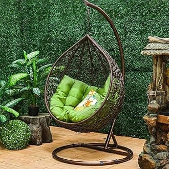 Blissful Backyards India Single Seater Swing Chair with Stand & Cushion Outdoor Indoor Balcony Garden Patio,Powder Coated Frame,UV Protected Wicker,Premium Cushion AF_in_010