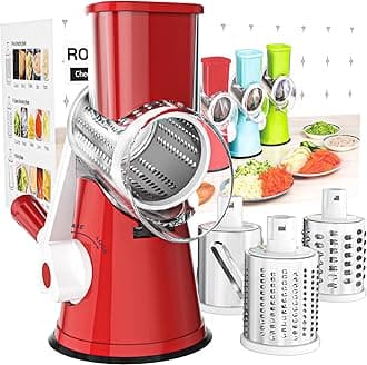 Cambom Rotary Cheese Grater Hand Crank Cheese Shredder for Fresh Cheese, Vegetable, Nuts,Non-slip Suction Base, Free Cleaning Brush Three Blades, Red