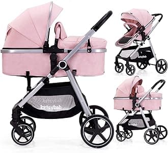 2-in-1 Baby Stroller - Folding Infant Newborn Pram Stroller with Reversible Seat - Toddler Strollers for 0-36 Months Old Babies (Pink)