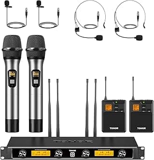 TONOR Wireless Microphones System with Metal 2 Cordless Mic and 2 Headset/Lapel/Lavalier Mic, Bodypack Transmitter, Receiver for Karaoke Church Singing Party PA Speaker, 4*10 Channels 90 m/295ft Range
