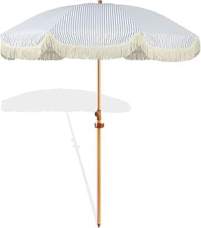 6.5ft Patio Umbrella with Fringe, Beach Umbrella, Fringe Umbrella Outdoor Patio with Hanging Hook, Tilting Aluminum Pole, UV 50+, Fiberglass Ribs, Blue White Stripe