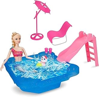 BETTINA Pool Playset - Glam Pool with Slide, Doll Pool Accessories Includes Beach Chair, Beach Umbrella, Dog, Swimming Pool Set for 12 Inch Dolls, Bath Toys for Dolls