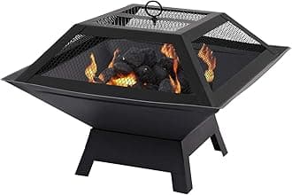 Square Fire Pit with BBQ Grill Heater Outdoor Garden Black Barbeque Metal Brazier Patio Decor Firepit Stove Portable Heat Mesh Cover for Camping or Picnics