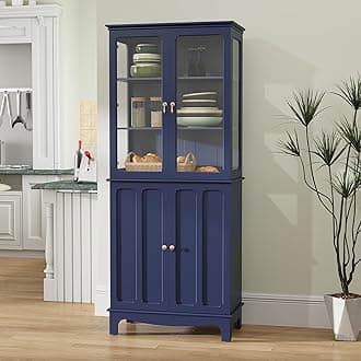 72" Freestanding Kitchen Pantry Storage Sideboard, Classical Tall Cabinet with Glass Door and Adjustable Shelves for Kitchen, Livingroom and Dining Room, Navy Blue