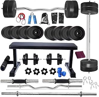 BODYFIT Home Gym Set Combo Kit, Equipment, (20Kg-100Kg) Weight Plates, 3Ft Curl, 5Ft Plain Rod, Flat with Leg Bench,2 x Dumbbell Rods,Fitness Exercise Set. (50 Kg Set)