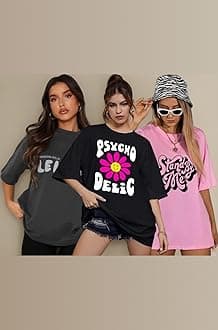 Women's Cotton Oversized Fit Printed Round Neck Oversized T-Shirt | Loose Fit Drop Shoulder T-Shirt Pack of 3