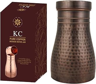KCPure Copper Water Bottle Antique Hammered Design | Pitchers | Water Jug | Bedroom Jar | Bedside Carafes With Tumbler/Glass With Lid | With Antique Color Finish 1250 ML