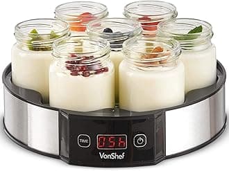 Digital Yoghurt Maker with 7 Jars – Electric, Compact, Stainless Steel Machine with LED Display & Timer, 180ml Glass Containers / Yoghurt Pots - For Making Fresh, Healthy Homemade Desserts