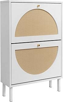 ZeHuoGe Rattan Shoe Cabinet with 2 Flip Drawers, White Shoe Shelf Organizer with Circle Rattan Doors, Entryway Narrow Storage Cabinet for Heels,Slippers(White)