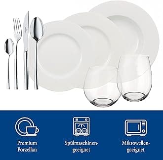Villeroy & Boch - Wonderful World White 4 Friends Dinner Set, 36 Piece Party Service, Premium Porcelain, White, 18/10 Stainless Steel, Crystal Glass