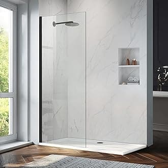 Bathroom Shower Glass Door Panel, 34" W×74" H Fixed Frameless Shower Glass Door, 5/16"(8mm) Thick Clear Tempered Glass Door Screen, Matte Black
