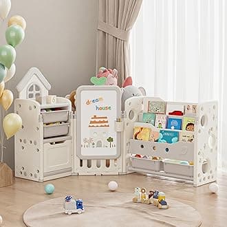 Kids Toy Storage Organizer with 10 Removable Bins, Foldable Toy Organizers and Storage with 3-Tier Bookshelf for Kids Toy Storage Organizer with Drawing Board, Extra 3 Brushes (3 In 1 Off-white)