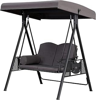 PURPLE LEAF Outdoor Patio Porch Swing with Stand, 2-seat Swing Chair with Adjustable Tilt Canopy All-Weather Steel Frame for Backyard Front Porch Lawn, Cushions and Pillow Included, Grey