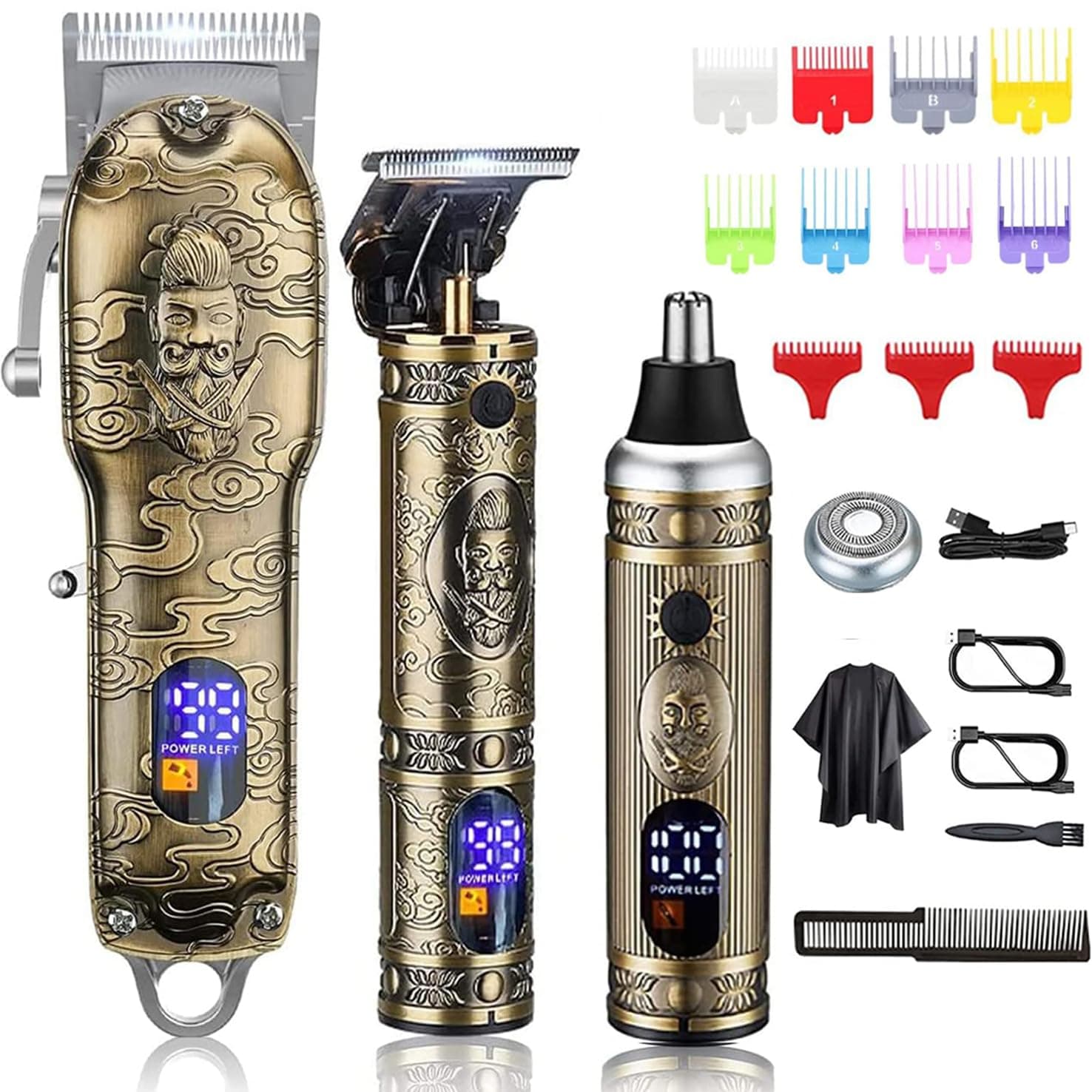 Hair Clippers for Men Barber Clippers and Trimmer Set of 3, Professional Cordless Nose and Beard Trimmer Hair Cutting Grooming Kit, Rechargeable, LCD Display