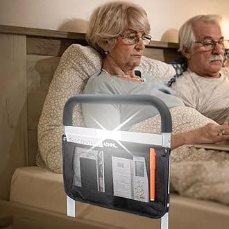 Bed Rails for Elderly Adults Safety with Motion Light Adjustable Heights Storage Pocket Assist Support Side Railing for Seniors Slides Under Medical Bed Guard Bed Handle Bars (White (with Light))
