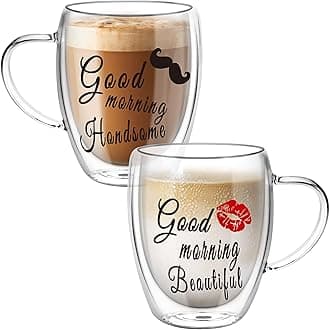 Top-spring Double Walled Glass Coffee Cups for Couples, Insulated Latte Glasses Couple Mugs Set of 2, Mug Tea Cups with Handles, Heat Resistant, 350ml Cappuccino Espresso Cup, Valentine’s Day Gift
