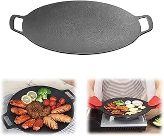 Korean Non-stick Round Baking Pan, 8 in 1 Korean BBQ Grill Pan,Non-stick Granite Coating,Round Griddle Pan, for Both Home and Outdoor stoves Grilling, Frying, Sauteing (15 inches)