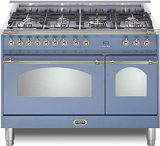 Lofra DolceVita Series 48 Inch Range Freestanding Dual Fuel Double Oven Stove, Cooktop 7 Sealed Brass Burners, Convection, 9 Cooking Modes, Knobs and Handrail In Brass, in Lavender