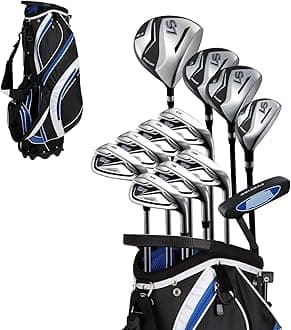PRECISE 18 Piece Men's Complete Golf Club Package Set With Titanium Driver, #3 & #5 Fairway Woods, #4 Hybrid, 5-SW Irons, Putter, Stand Bag, 4 H/C's - Choose Color & Size Regular Size blue