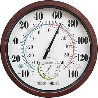 Indoor Outdoor Thermometer Large Numbers 12 Inch Wall Weather Thermometer Hanging Garden Decor Hygrometer No Battery Needed (Brown)