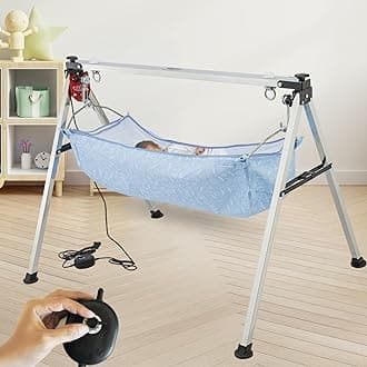 TINYTYKE Automatic Cradle for Baby - Electric Swing Cradle w/Adjustable Speed - Semi-Foldable Square Pipe Frame with Blue Simple Hammock - Palna/Jhula/Thothil for Baby Boy & Girl of 0 to 3 Years