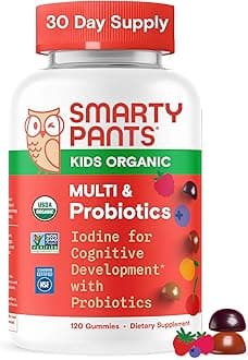SmartyPants Organic Kids Multivitamin Gummies: Probiotics, Omega 3 (ALA), Vitamin D3, C, Vitamin B12, B6, A, K & Zinc for Immune Support, Biotin, Three Fruit Flavors, 120 Count (30 Day Supply)
