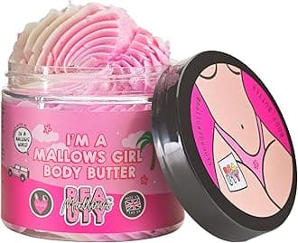 Shea Body Butter, with Essential Oils, Vitamin A, Vitamin E, and Shea Butter, Gently Exfoliates and Brightens Skin, Vegan, 180g (Mallows Girl)